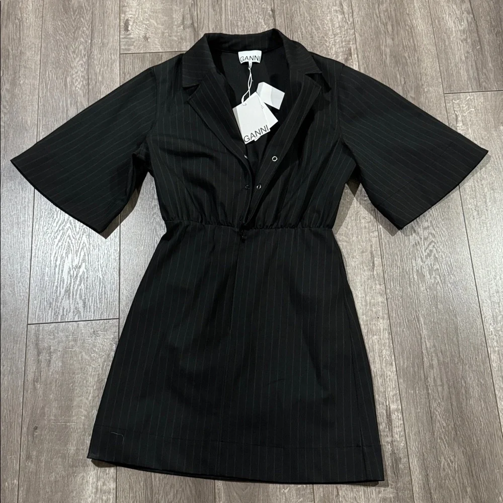 NWT GANNI +NET SUSTAIN pinstriped recycled-twill mini dress size 36 (small) - Picture 4 of 7